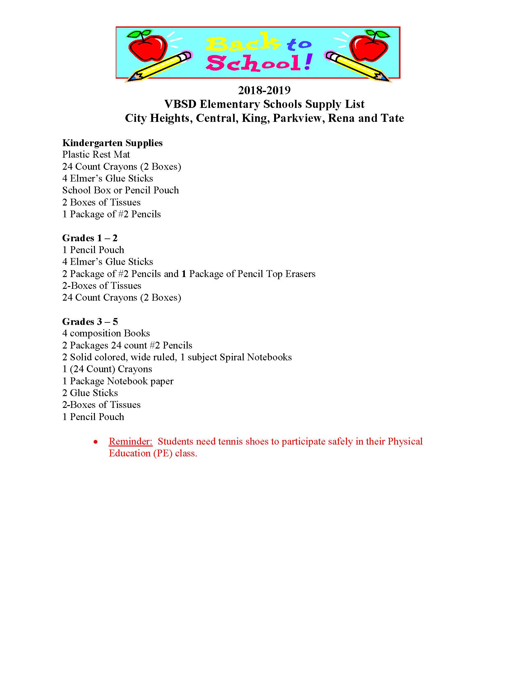 School Supply List 18-19 PV