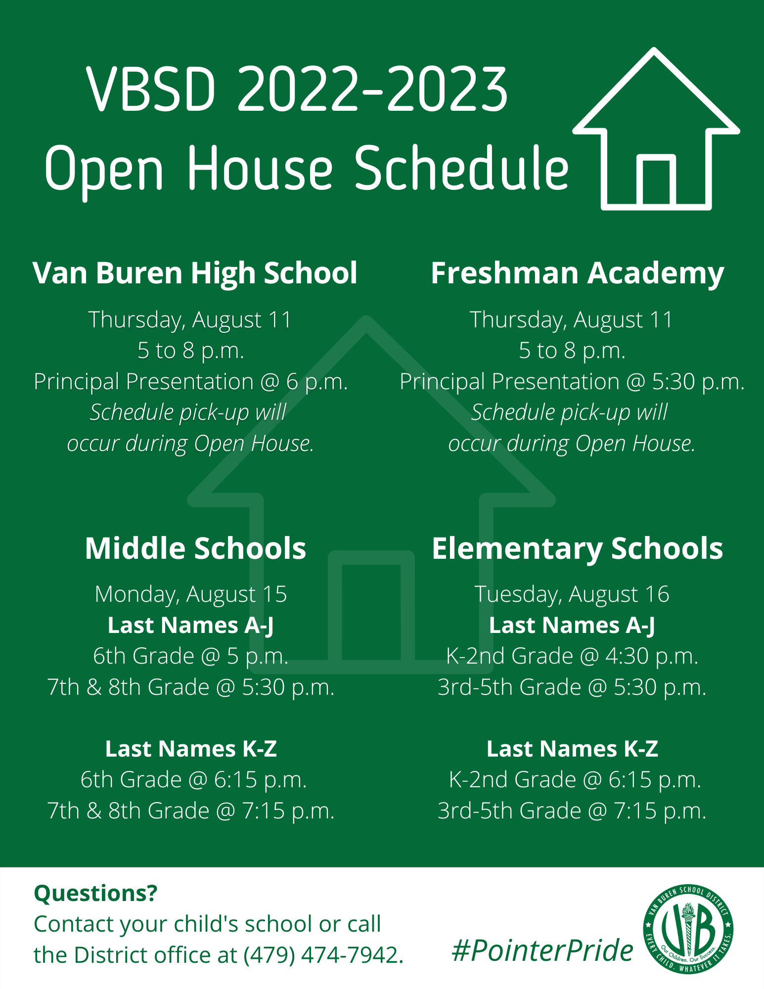 VBSD 2022-2023 Open House Schedule 
