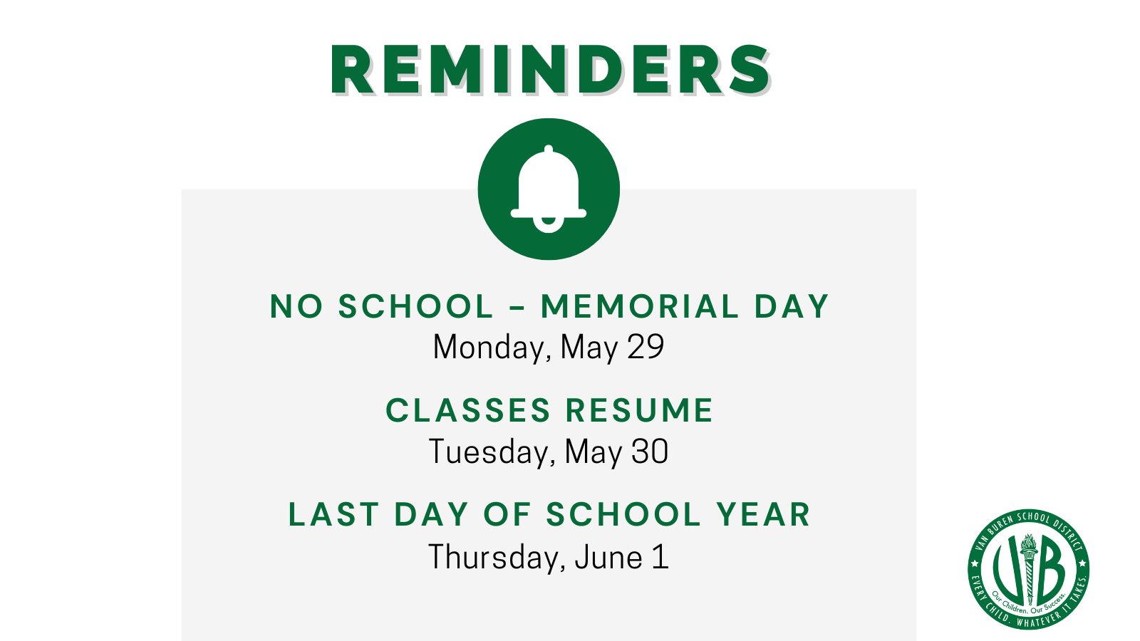 VBSD closed May 29 for Memorial Day